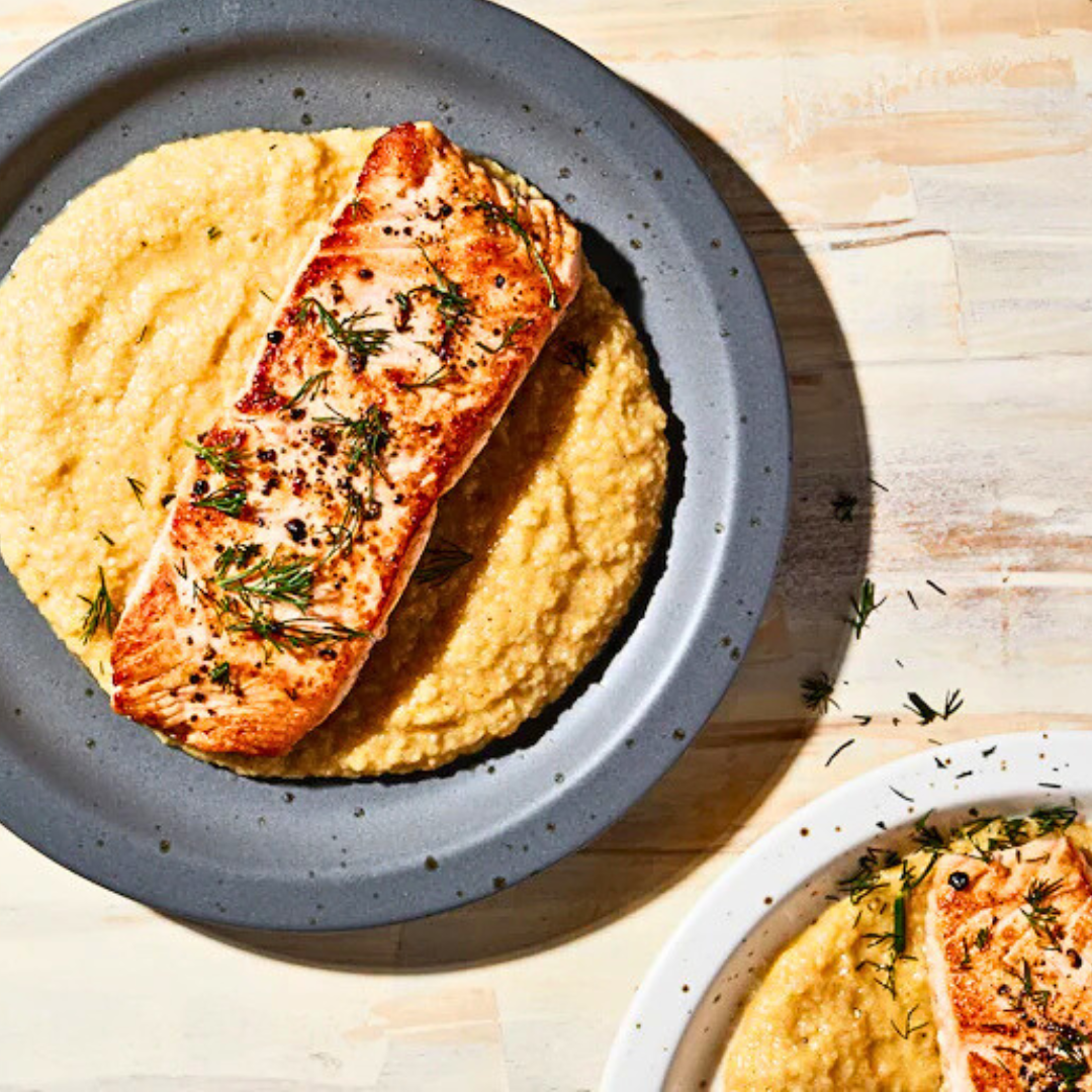 Salmon With Cheesy Fonio Grits
