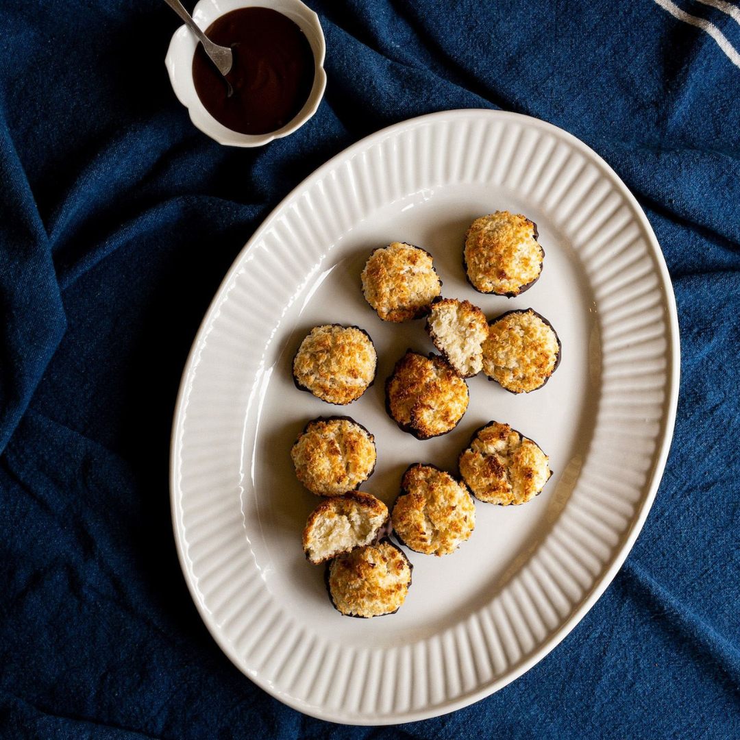 Chocolate Dipped Fonio Macaroons