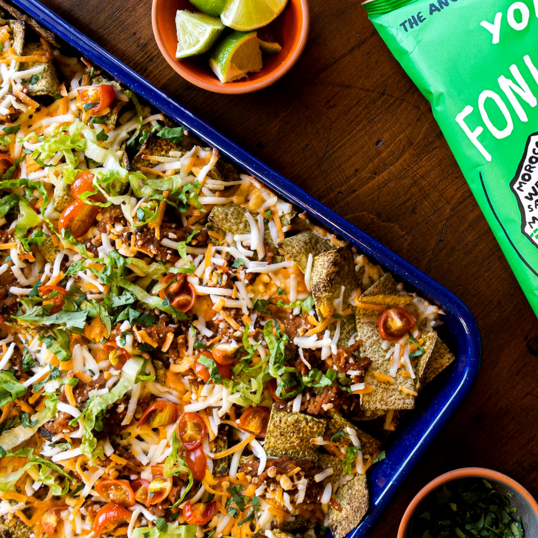 Vegan Nachos with Tangy Baobab Fonio Chips