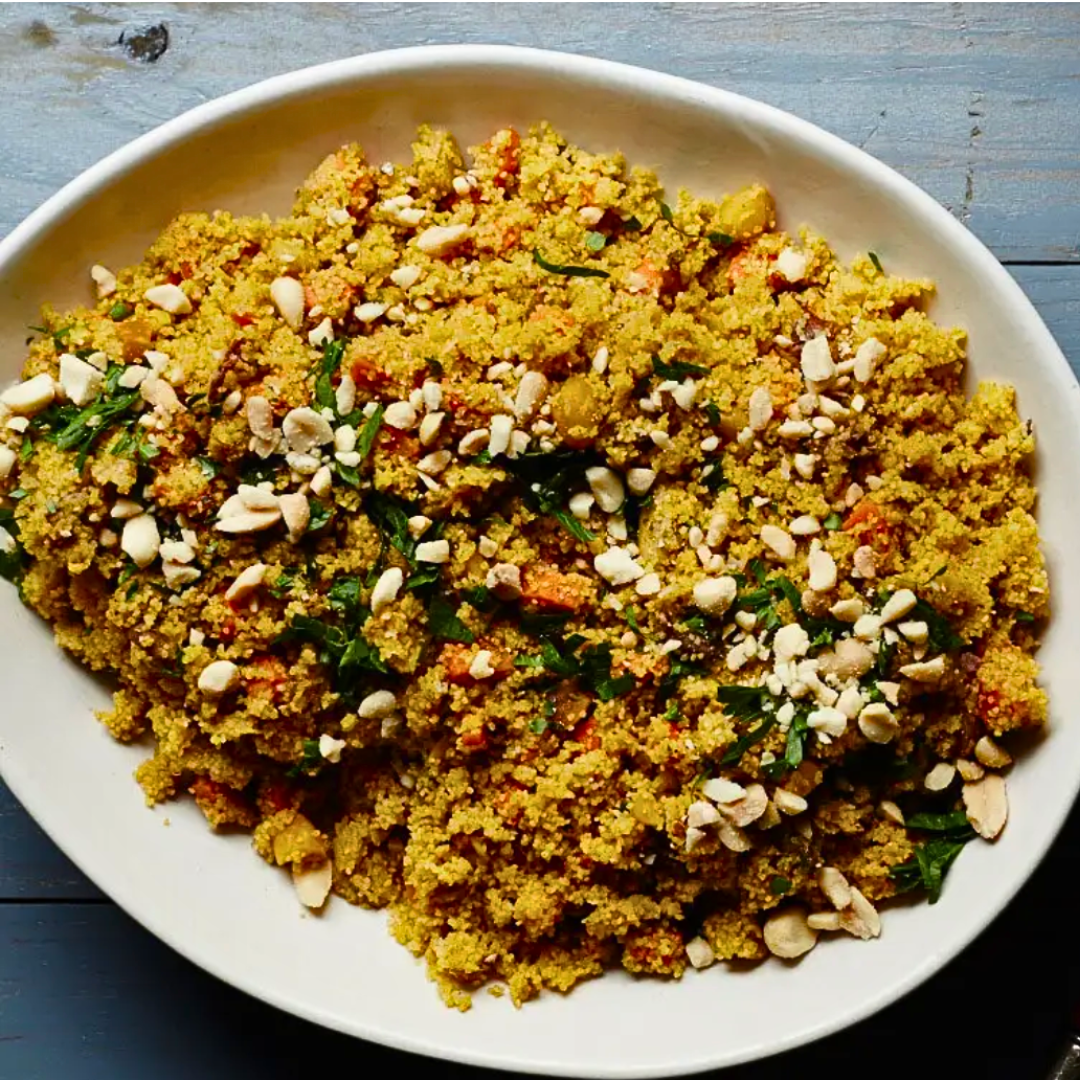 Fonio Pilaf with Dates, Carrots, and Peanuts