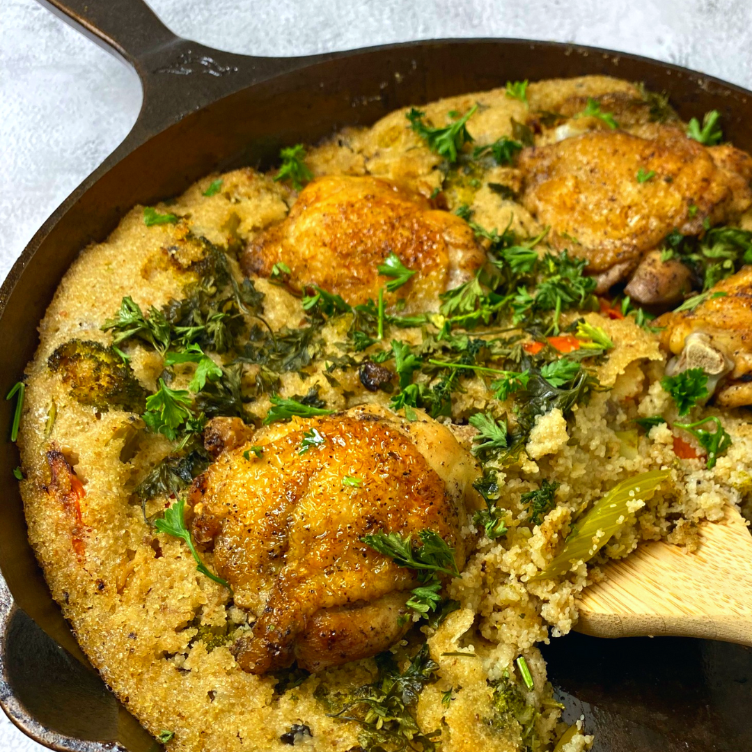 Cast Iron Chicken Fonio Bake